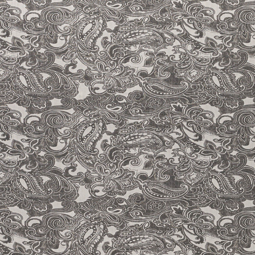 Patterned fabric with intricate paisley design in gray on a gray background